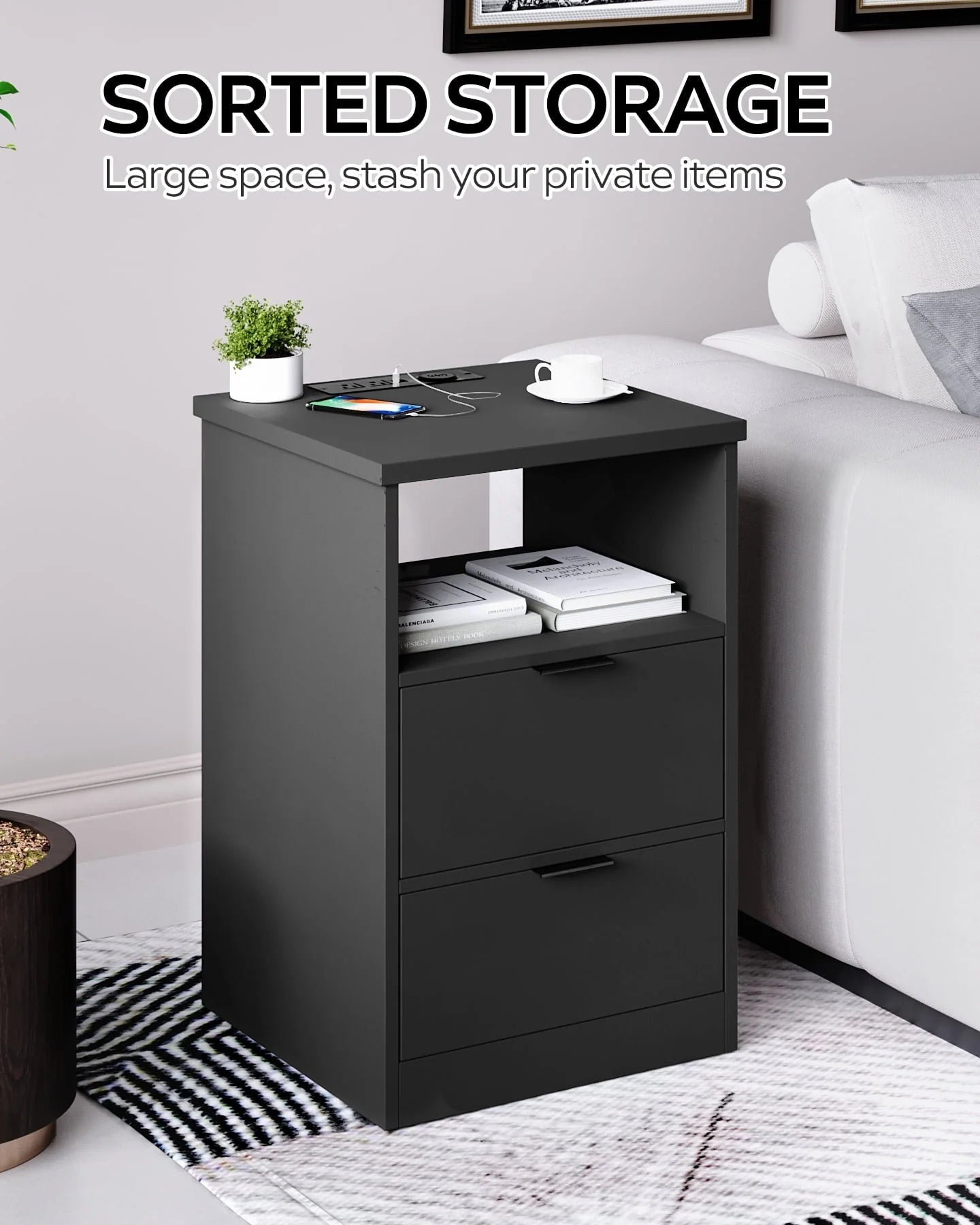 MIRROTOWEL Nightstand, 2 Drawers,with Drawer and Storage Shelf, Bedside Table End Table, Modern Night Stand for Bedroom, Home Office,Black