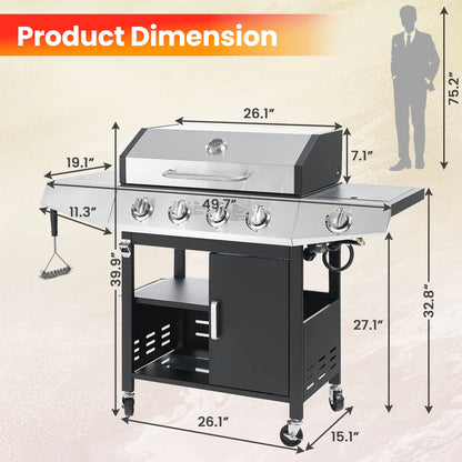 Segmart 4 Burner BBQ Propane Gas Grill with Side Burner, Stainless Steel 50,000 BTU Patio Barbecue Grill with Shelf, Gas Tank Hook, Towel Rack & Bottle Opener, Fits for Camping, Outdoor Cooking