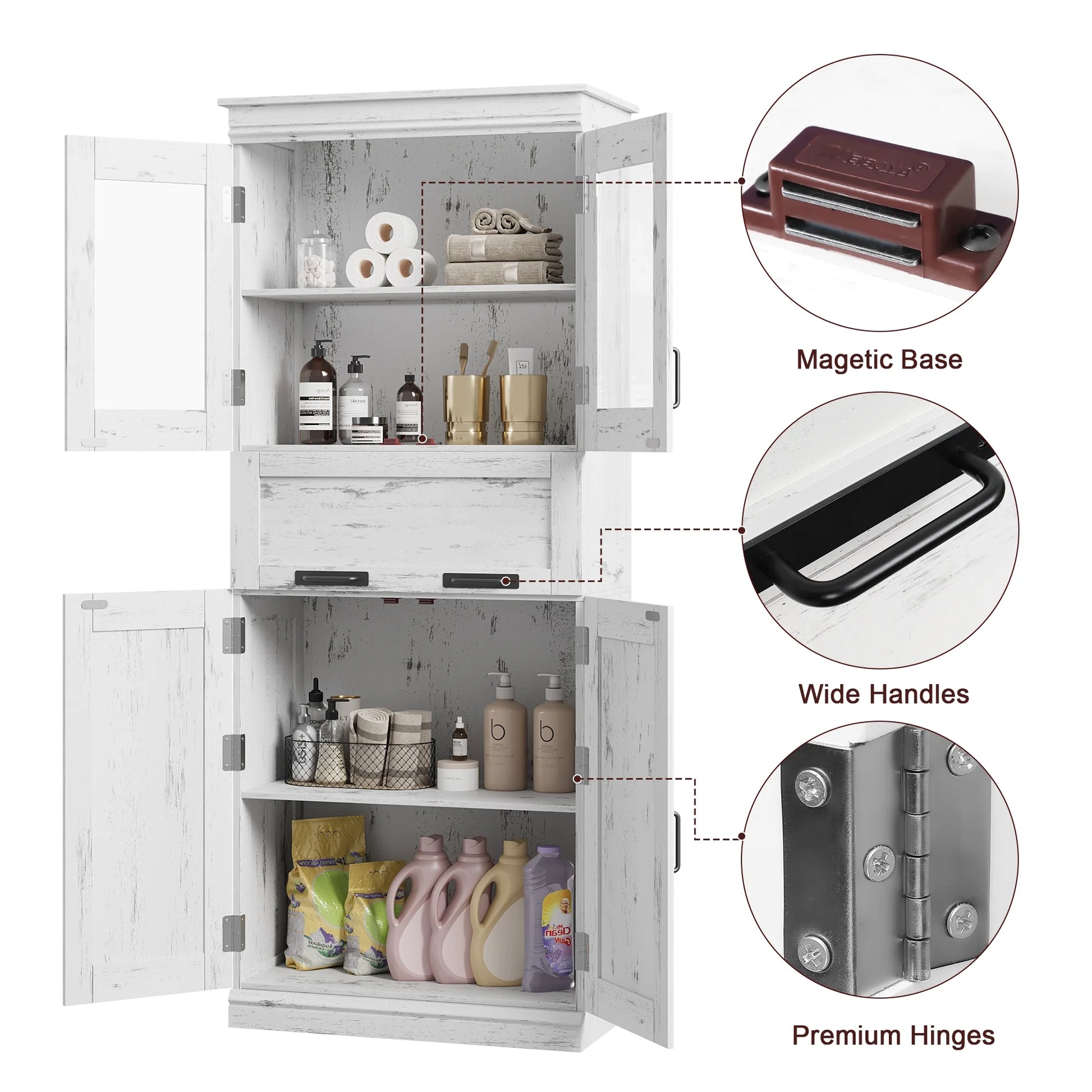 Bathroom Cabinet, Tall Storage Cabinet with Doors and Adjustable Shelf, Freestanding Floor Pantry Cabinet for Kitchen, Living Room, Laundry Room, Home Office
