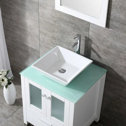 Wonline 24" Bathroom Vanity Cabinet Ceramic Sink Faucet Drain Combo w/Mirror Set White