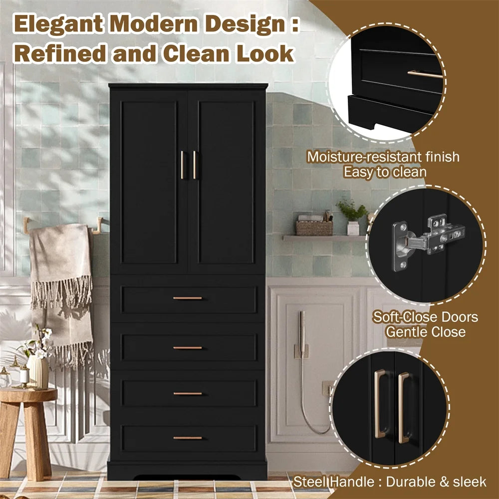 WGYPRIME 72.2'' Tall Bathroom Storage Cabinet, Freestanding Bathroom Floor Cabinet with 1 Doors and 3 Drawers, Modern Elegant Style Floor Cabinet w/Adjustable Shelf