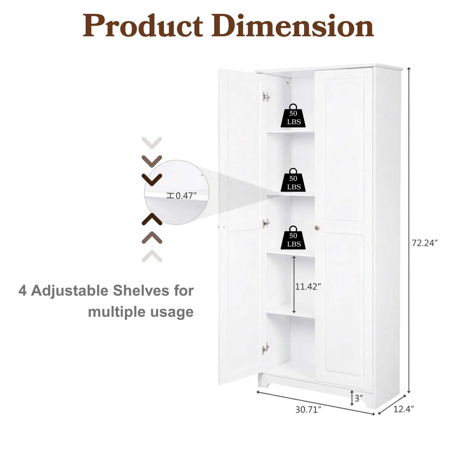 UBesGoo 72" Traditional Freestanding Kitchen Pantry Cabinet Wardrobe Armoire with 4 Adjustable Shelves, White