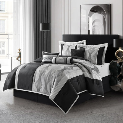 Lanco Black Silver Comforter Set , California King Size , 7 Pieces Fashion Jacquard Bedding Set