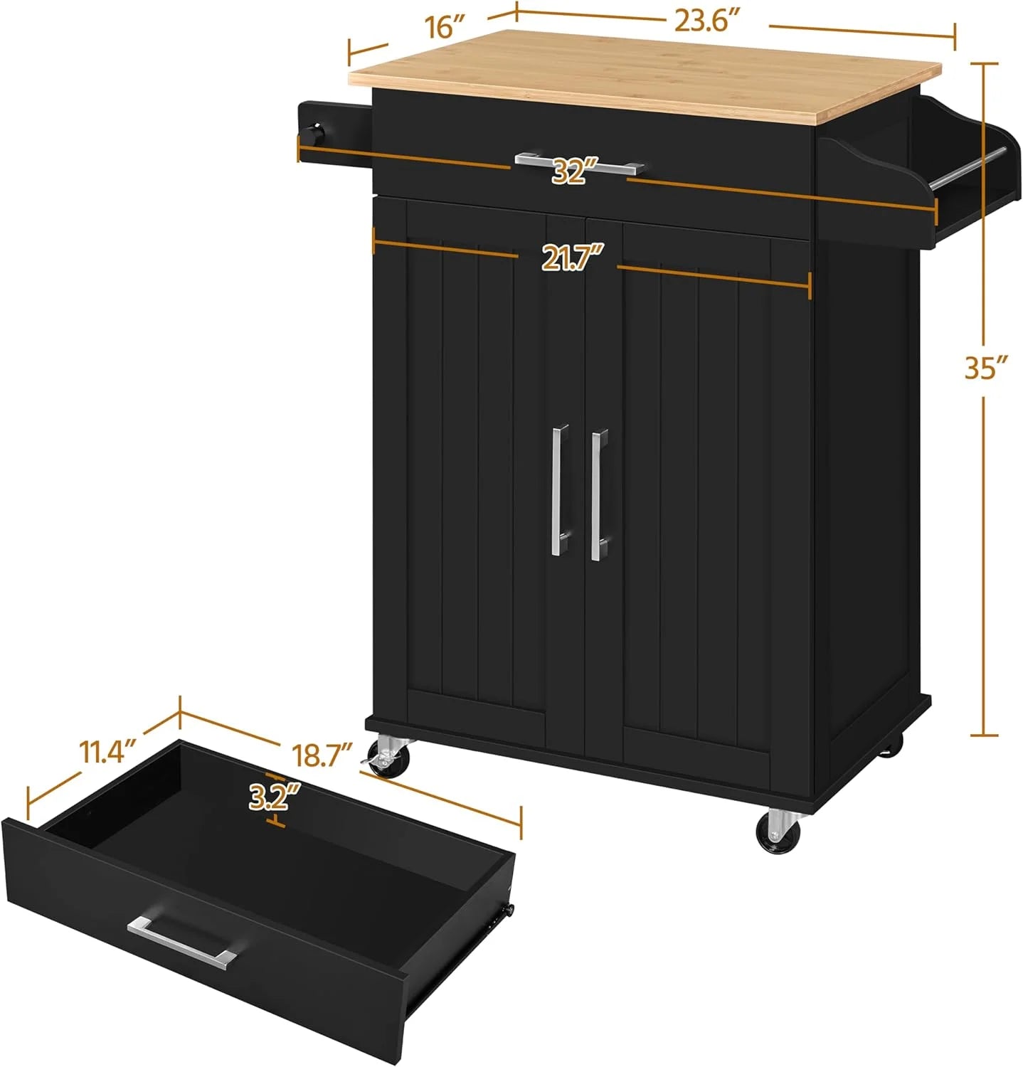 HXYHJ Kitchen Island on Wheels with Storage Cabinet, Rolling Kitchen Cart with Bamboo Top & Drawer & Spice Rack Towel Bar, Microwave Stand Cart for Kitchen/Dining Room, Black