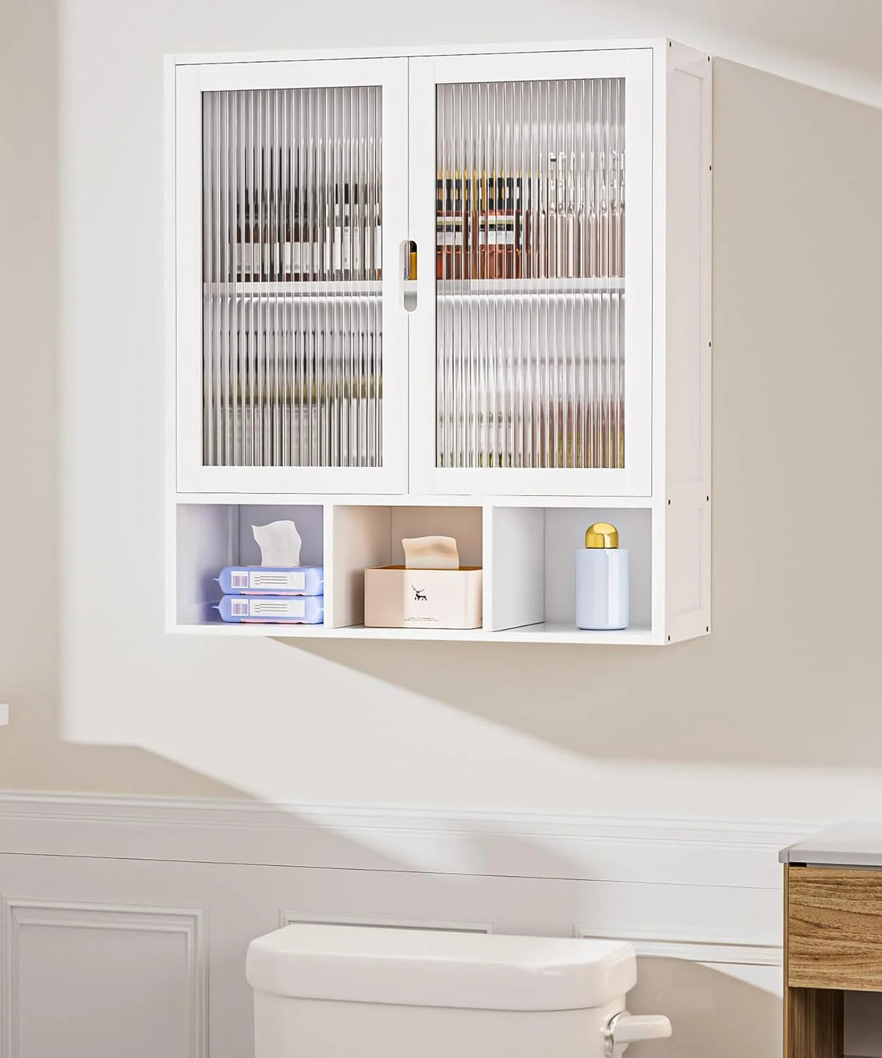 Bathroom Wall Cabinet with 2 Frosted Door,Bamboo Medicine Organizer with Open Compartment,Over The Toilet Storage Shelf Space Saver (Brown)