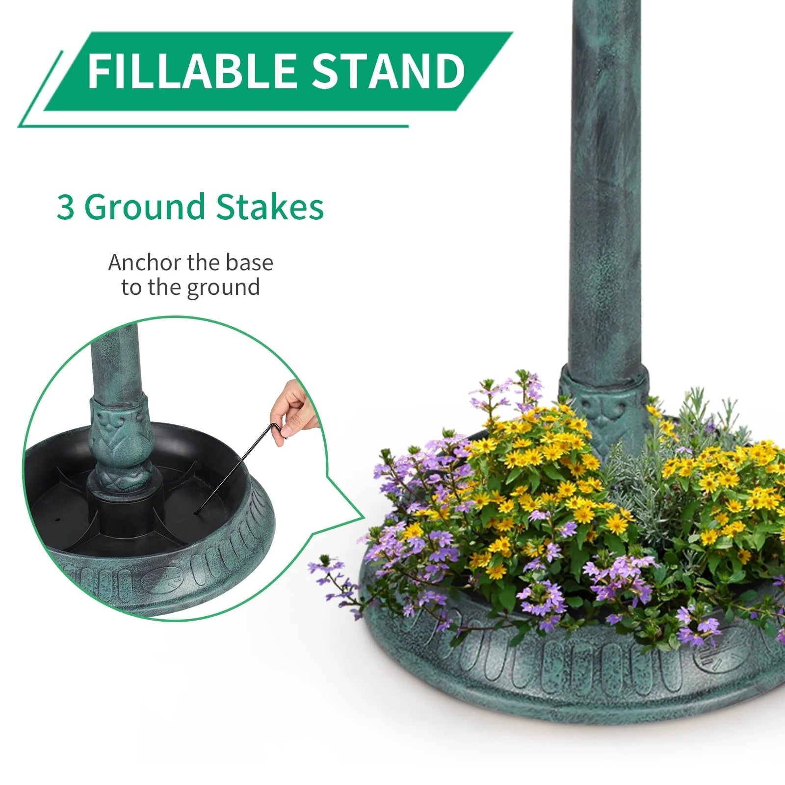 Ktaxon Wild Bird Bath Resin Pedestal Birdbaths with Solar Light Antique Sculpture Finish Garden Decor Dark Green