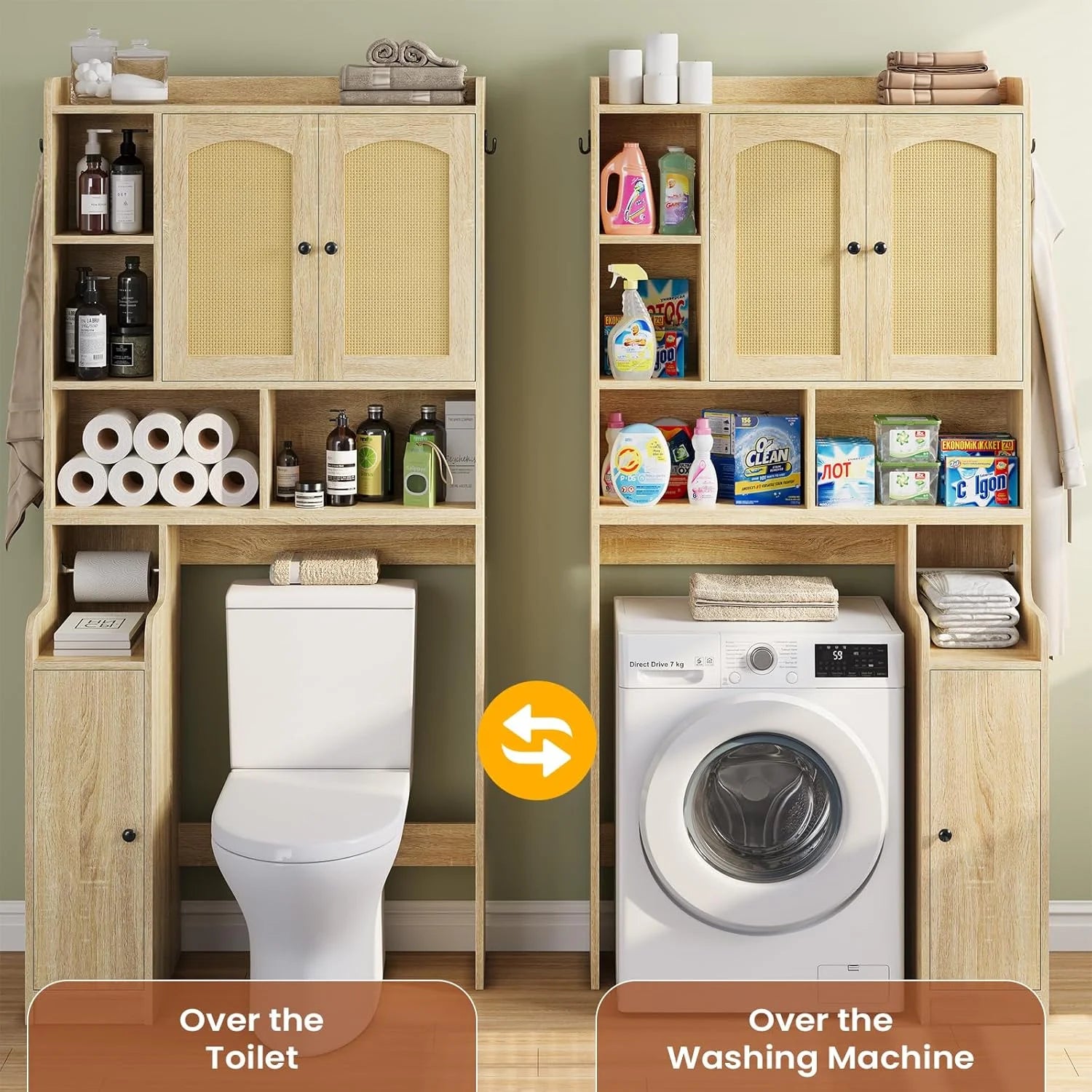 Over The Toilet Storage Cabinet with 3 Doors, Farmhouse Space Saver for Bathroom Organizer with Paper Holder, 10 Shelves and Hooks, 7-Tier Over Washing Machine Cabinet for Laundry, Bathroom, Natural