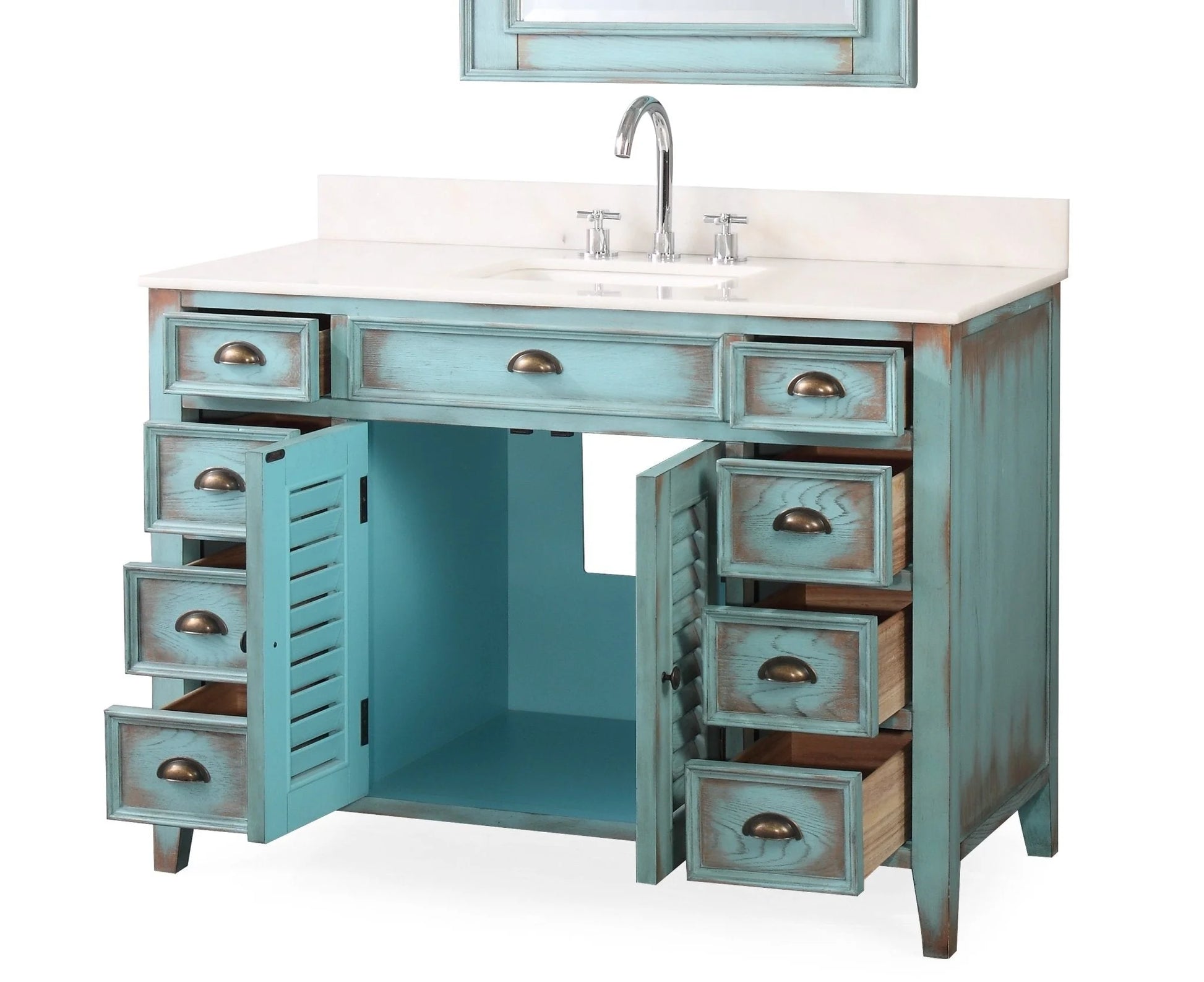 Benton Collection 46" Distressed Blue Farmhouse Bathroom Vanity with White Marble Top