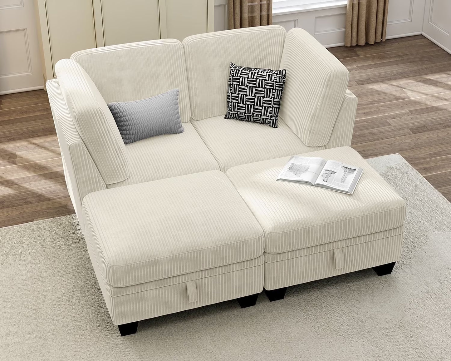 CHIC HOUSE 154.5" Sectional Sofa with Storage Ottoman Chaise, Corduroy U Shaped Sofa Convertible Sectional Couches for Living Room, 12 Seater Corner Modular Sofa with Deep Seat Throw Pillows, Green