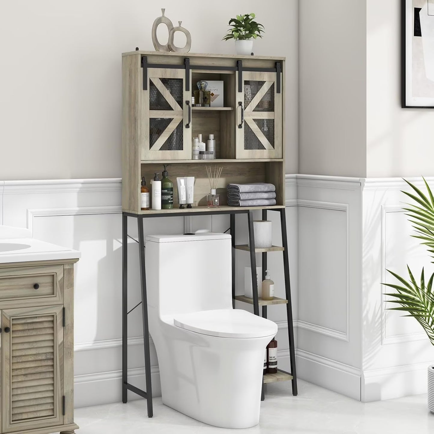 Vabches Over The Toilet Storage Cabinet with Toilet Paper Holder Stand, Above Toilet with Adjustable Shelf & 2 Doors