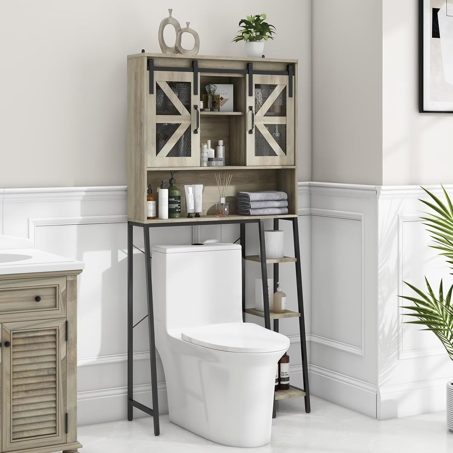 Vabches Over The Toilet Storage Cabinet with Toilet Paper Holder Stand, Above Toilet with Adjustable Shelf & 2 Doors