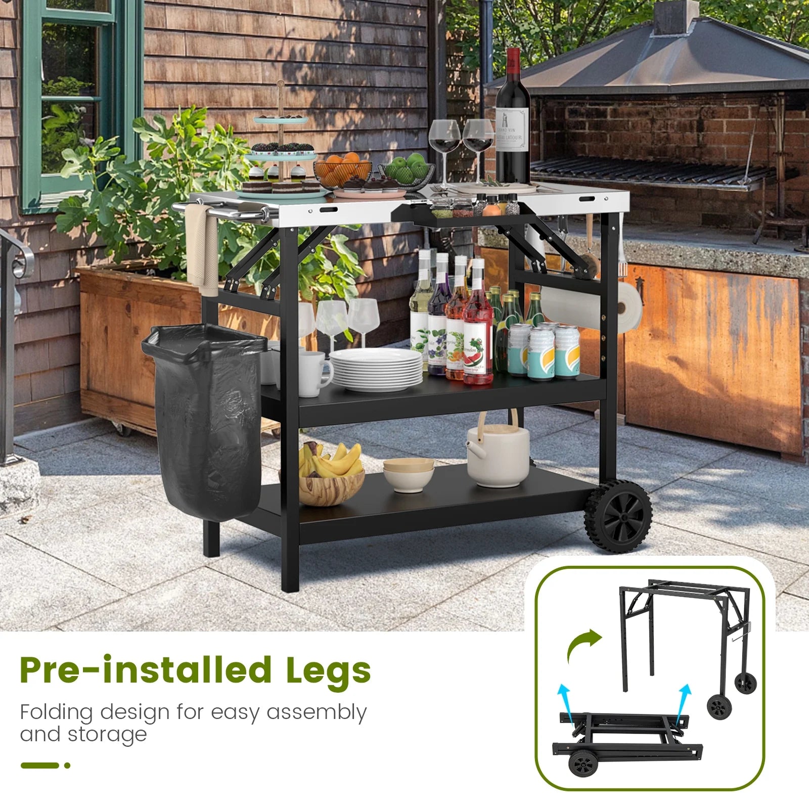Topbuy Outdoor Food Prep Cart Table 3-tier Mobile Serving Trolley with Adjustable Shelf Phone Stand Spice Rack Towel Rack Garage Rack