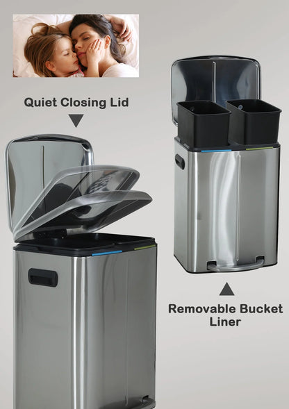 10 Gallon Dual Compartment Trash Can and Recycle Bin, Stainless Steel Foot Pedal Garbage Can Bathroom Double Trash Can Recycling for Kitchen with 2 x 5 Gallon Removable Inner Buckets, Soft Close