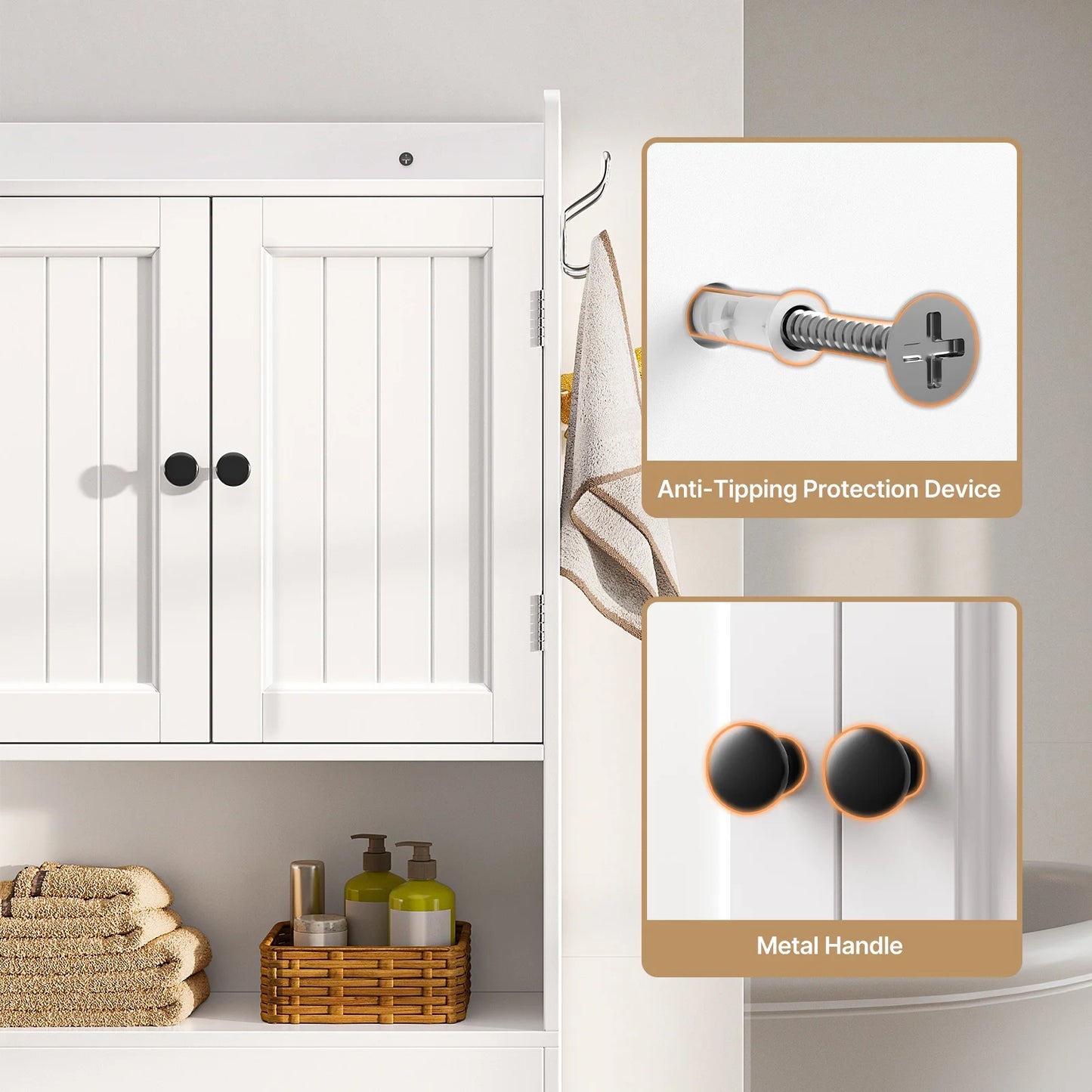 Over the Toilet Storage Cabinet , Bathroom Cabinet with 6 Open Shelves & Waterproof Tissue Holder - Upgraded White