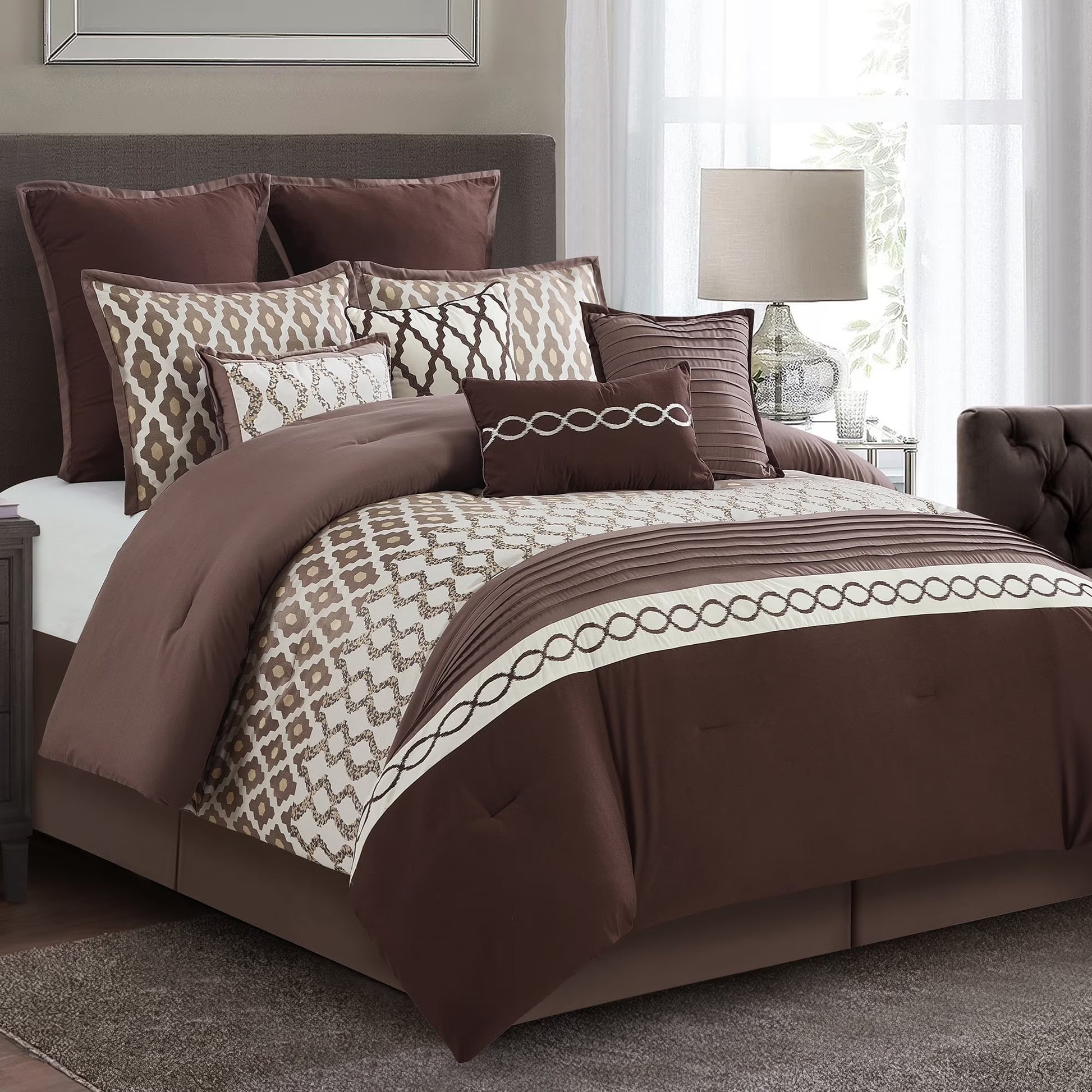 Lanco Geometirc Queen Blue Comforter Set, 12 Piece, Jacquard Bedding Comforters & Sets, Bedskirt, Pillows, Euro Shams & Curtains, Ultra-Soft