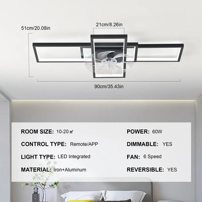 Garwarm Modern Black LED Ceiling Fan With Lights Low Profile 35" Dimmable Square with Remote Rectangle Light Fixture for Kitchen,Bathroom,Balcony,Living Room