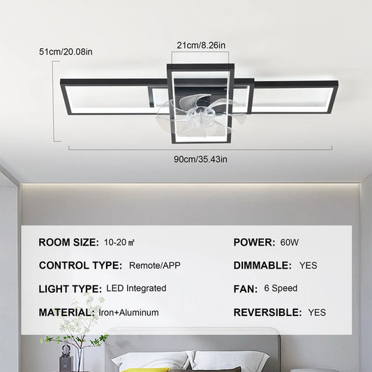 Garwarm Modern Black LED Ceiling Fan With Lights Low Profile 35" Dimmable Square with Remote Rectangle Light Fixture for Kitchen,Bathroom,Balcony,Living Room