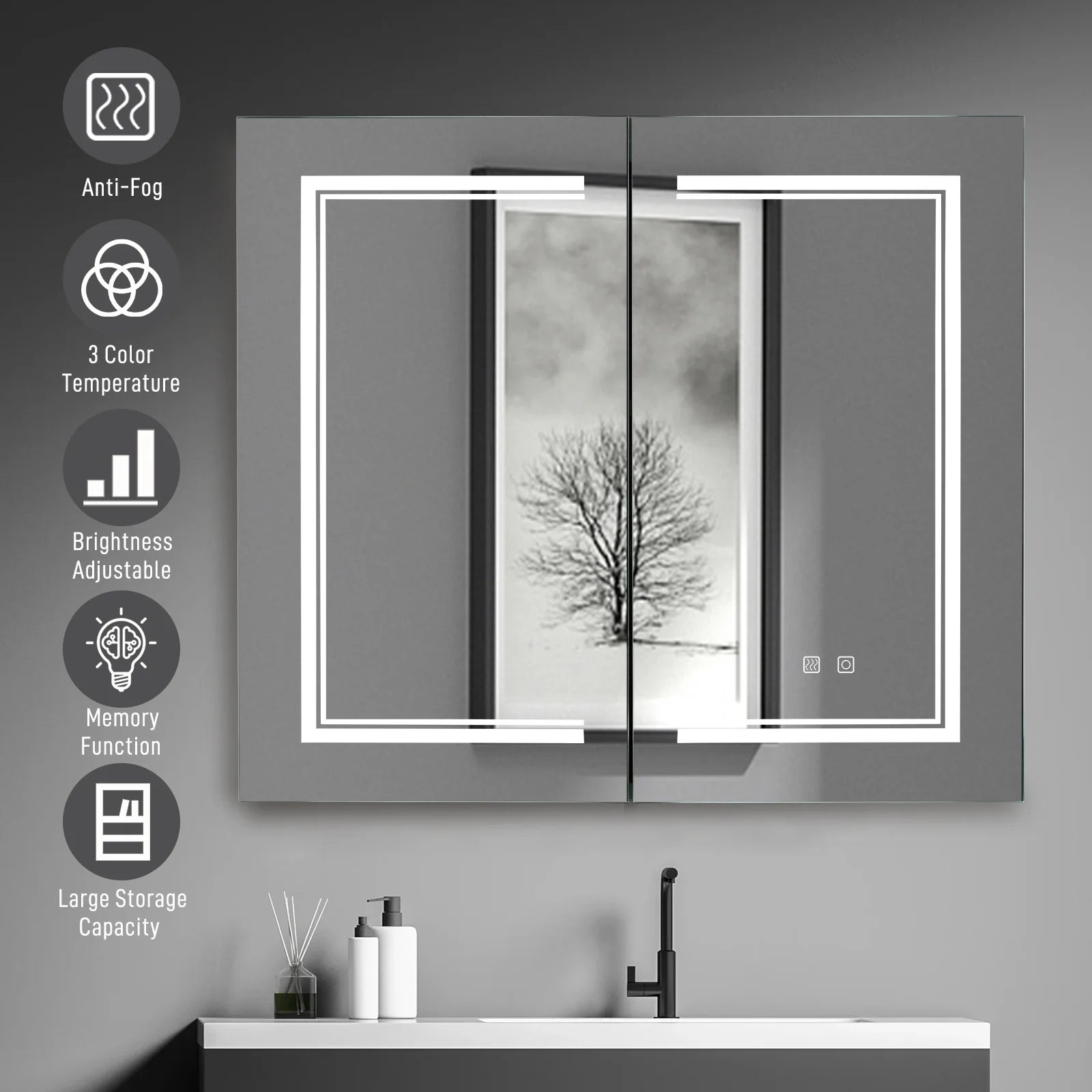 Ktaxon LED Lighted Medicine Cabinet with Mirror Bathroom Wall Cabinet w/Defogger, Dimmable, Memory function, Outlets & USB, 32"x28", Black