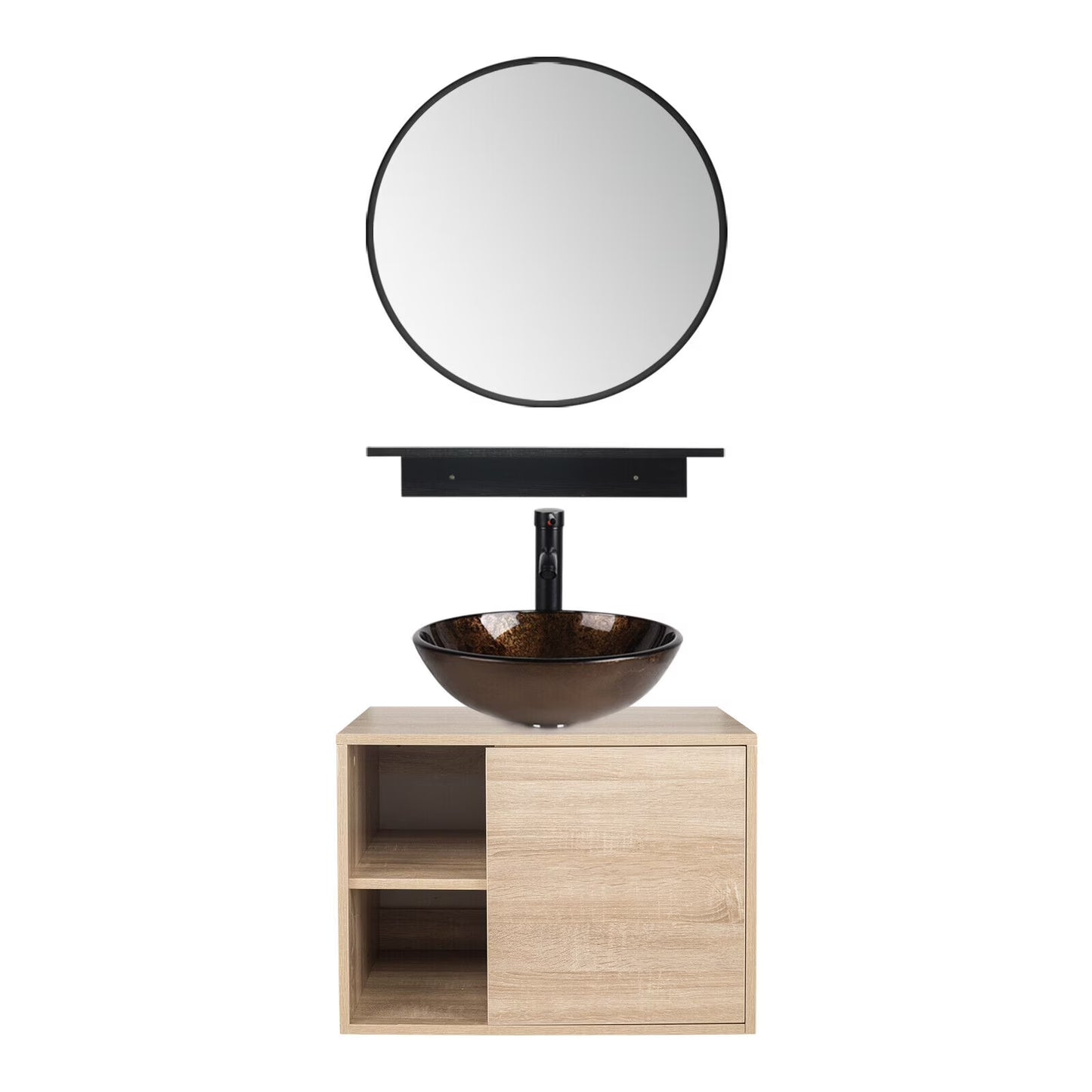 PULUOMIS Wall Mounted Bathroom Vanity Set with Mirror Storage Shelf, PVC Sheet Natural Cabinet with Black Side Panels (Cabinet + Sink)