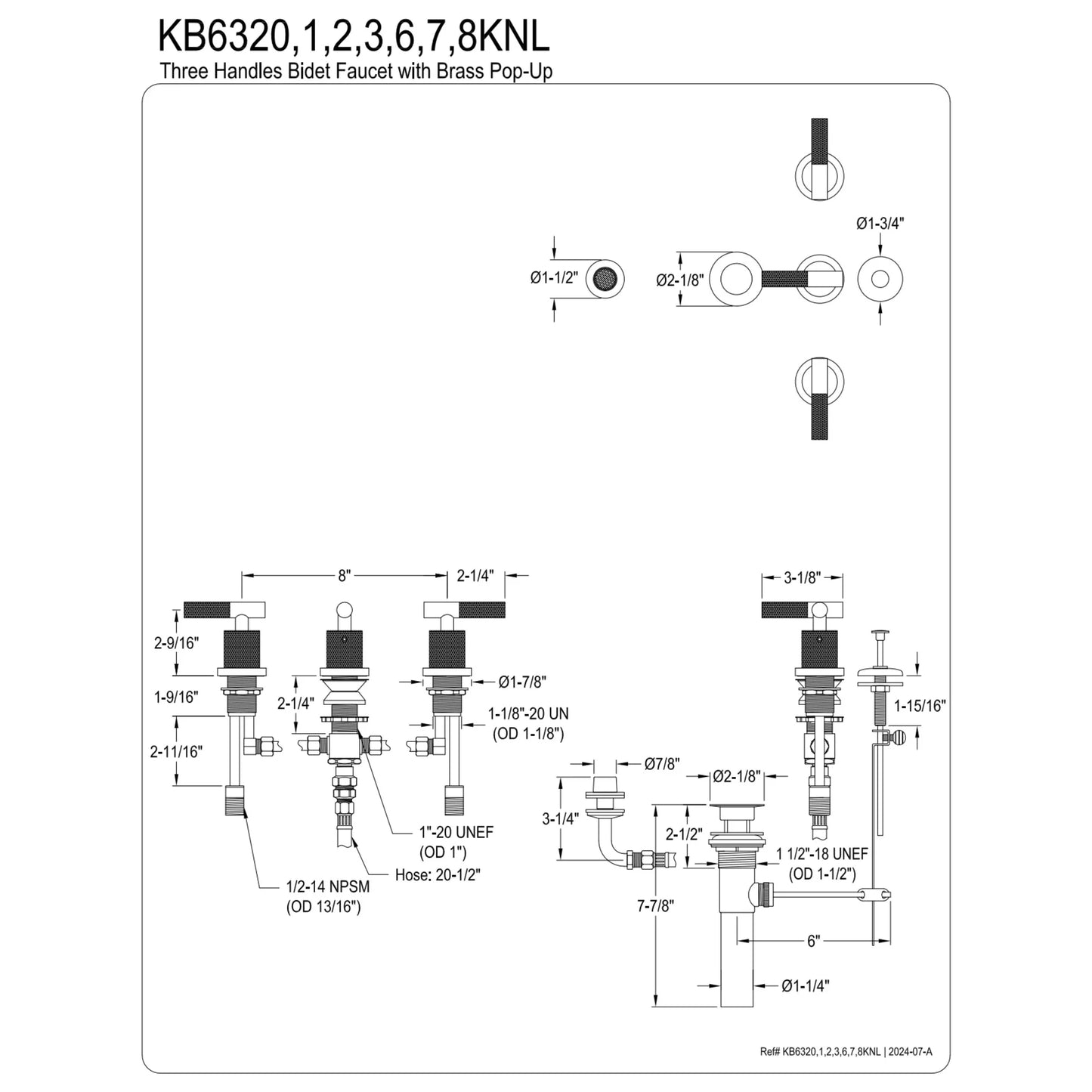 Kingston Brass KB6320KNL Convergent Three-Handle Bidet Faucet with Knurled Handle and Brass Pop-Up, Matte Black