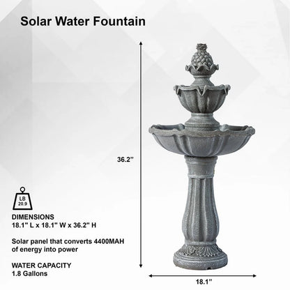 XBrand 36.2" 2-Tier Outdoor Freestanding Solar Water Fountain - Classic Design, Grey Resin Bird Bath with Pump - Ideal for Yard, Lawn and Garden, Porch Dcor