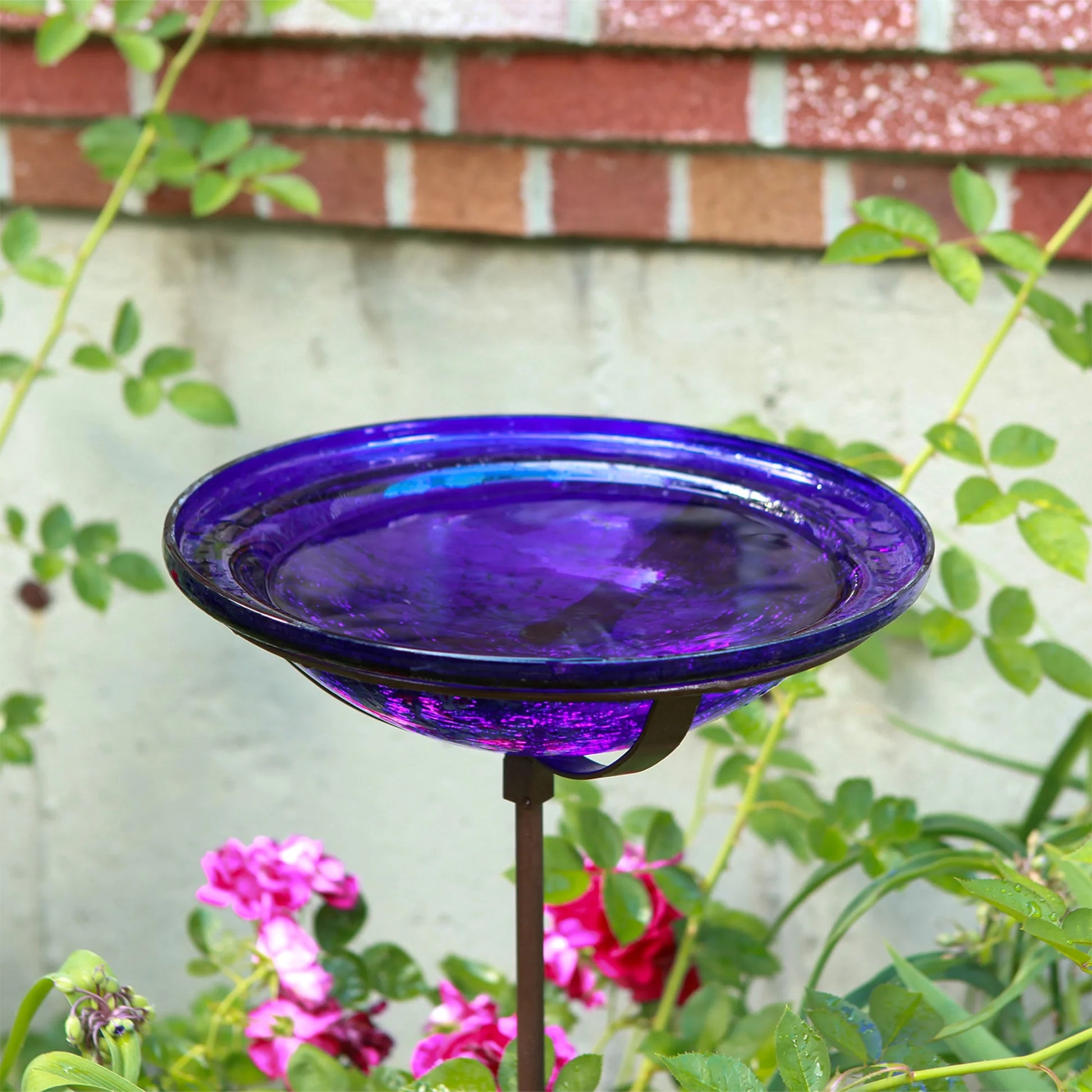 Achla Designs 12 In Hand Blown Crackle Glass Birdbath w/Stake, Cobalt Blue