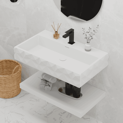 GGISHA 24"x19" Wall-Mount Stone Resin Bathroom Sink Rectangular Vessel Sinks for Bathroom Floating Vanity Sink Trough Modern Art Basin with Shelf Layer