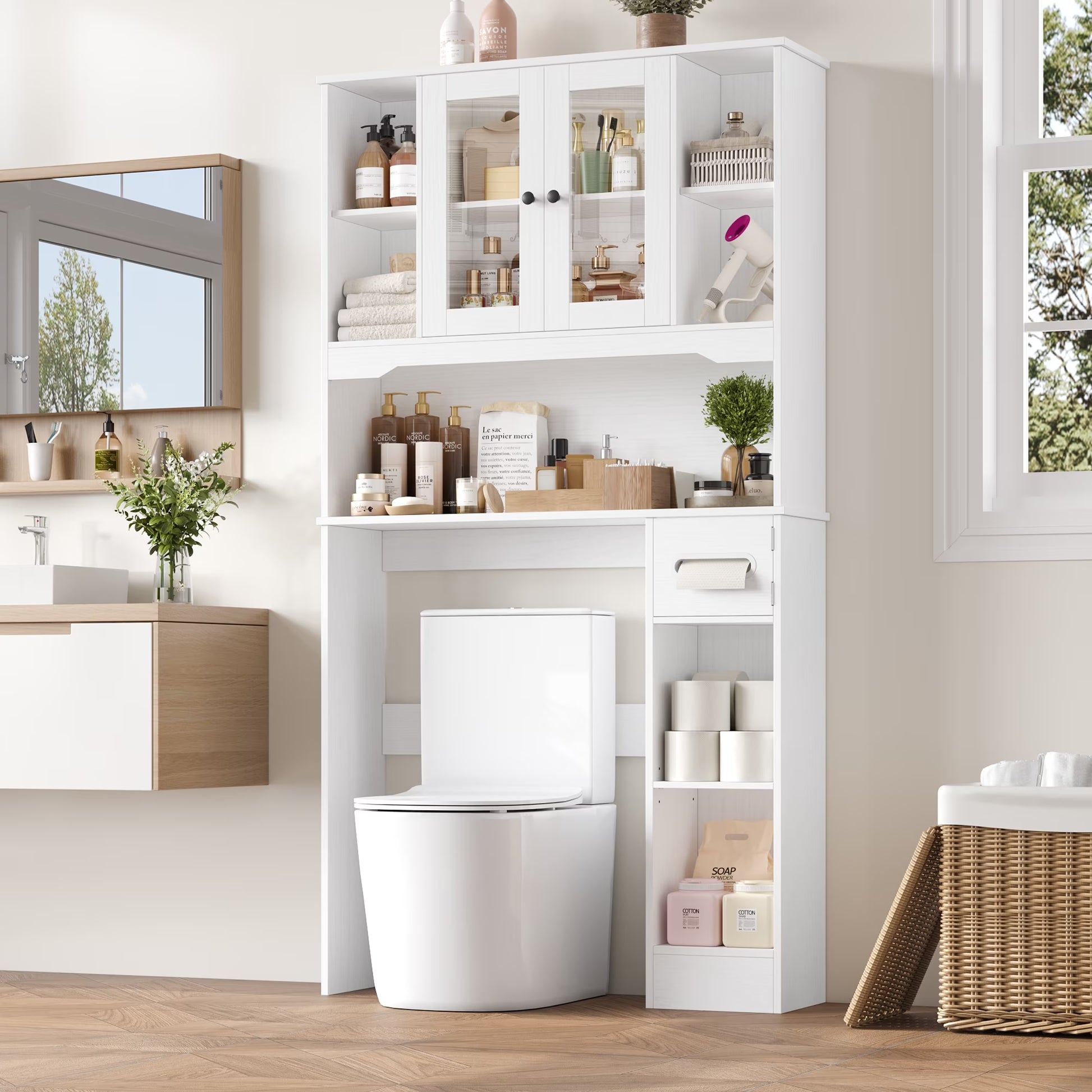 Homfa Over The Toilet Storage Cabinet with Toilet Paper Holder Stand, Above Toilet Organizer with Glass Doors, Behind Toilet Shelf for Restroom, Bathroom, Laundry, White
