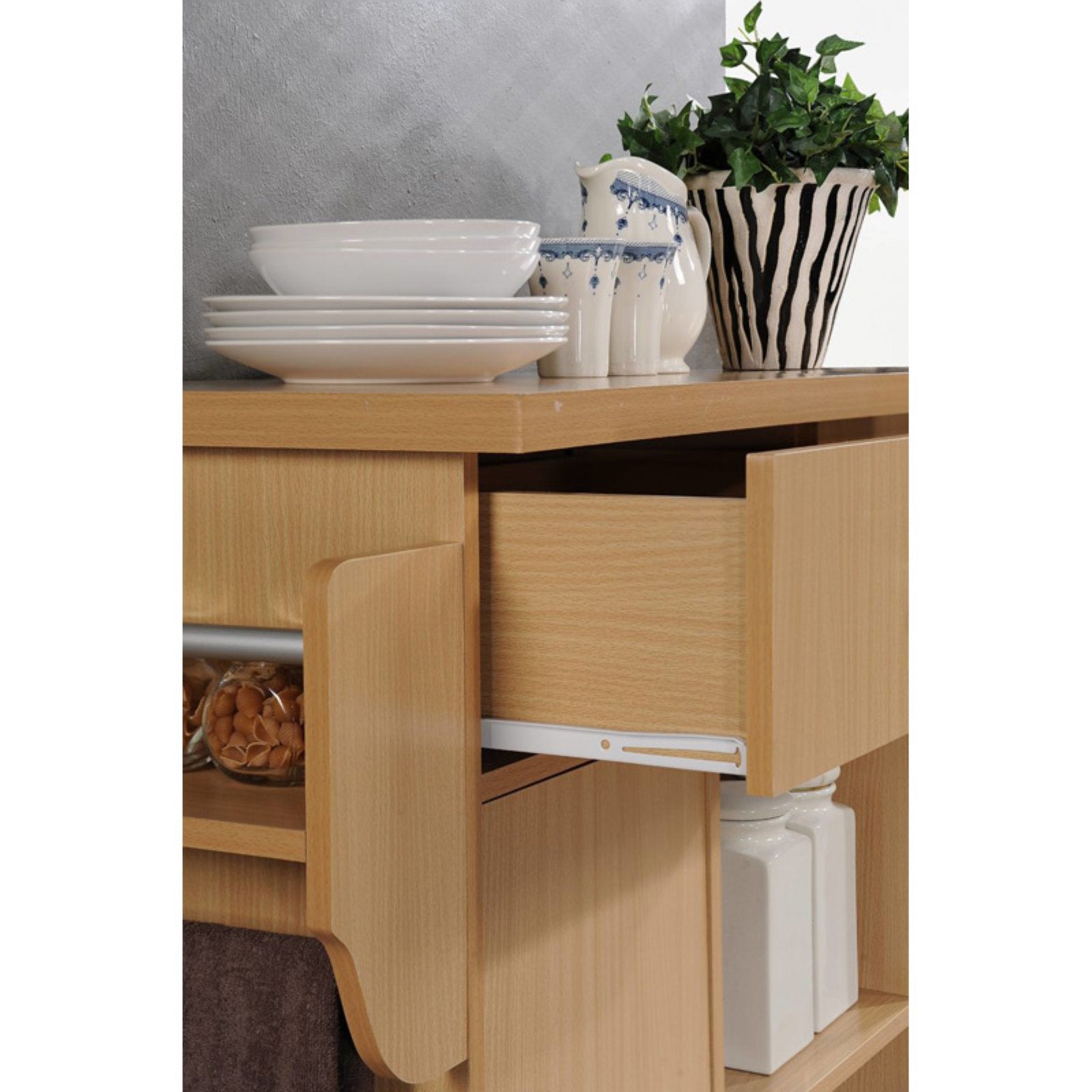 Hodedah Kitchen Island with Spice Rack plus Towel Holder in White Wood