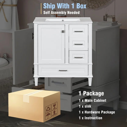 Bellemave 30" Bathroom Vanity with Sink, Cabinet with Sink Combo Set with Top, Bathroom Storage Cabinet with 3 Drawers and 1 Soft Closing Door, 30 Inch Vanity with Sink for Bathroom(White)