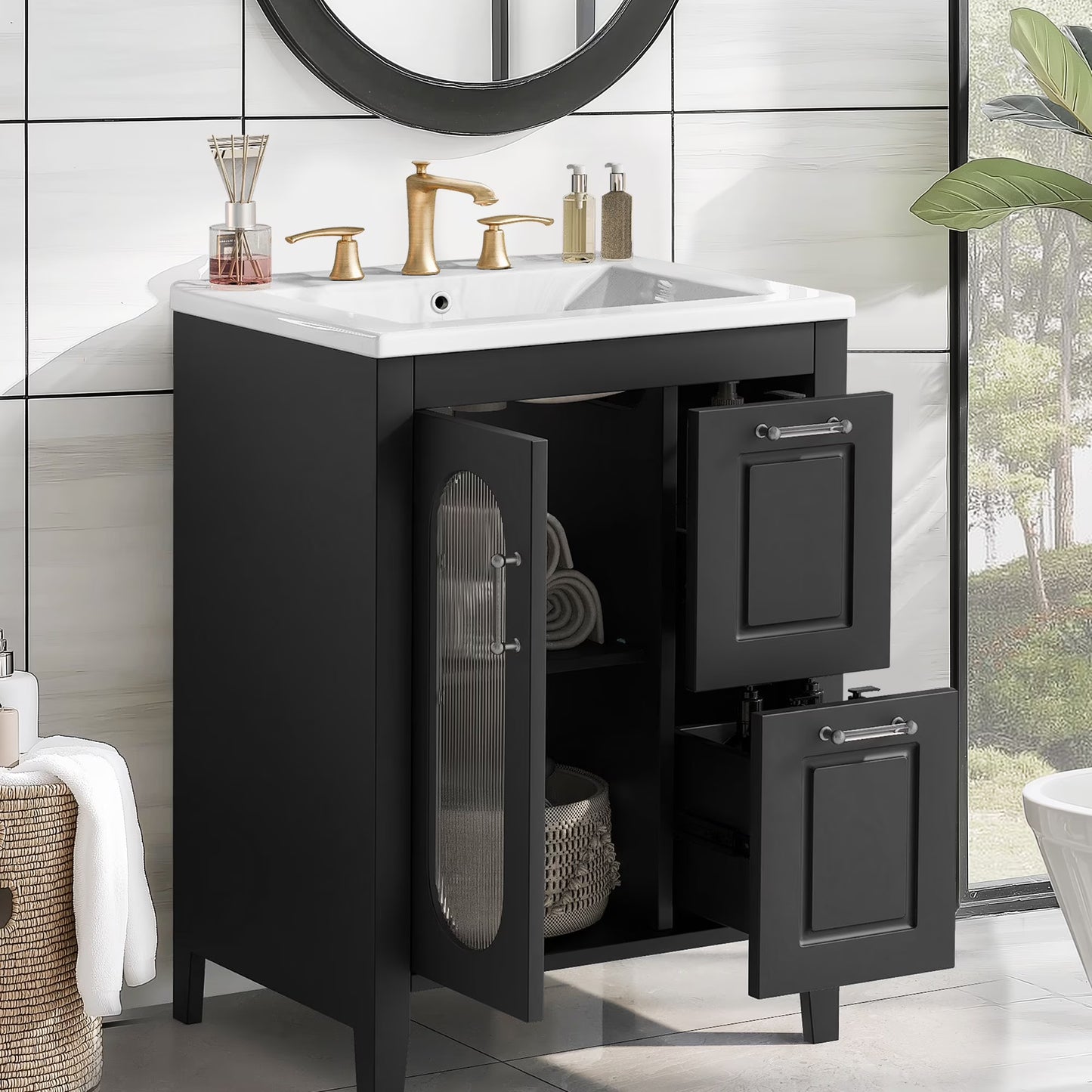 Soges 24" Bathroom Vanity with Ceramic Sink, Solid Wood Bathroom Makeup Cabinet with Door, Adjustable Shelf and 2 Drawer, Free Standing Single Basin Vanity Set for Small Bathroom, White