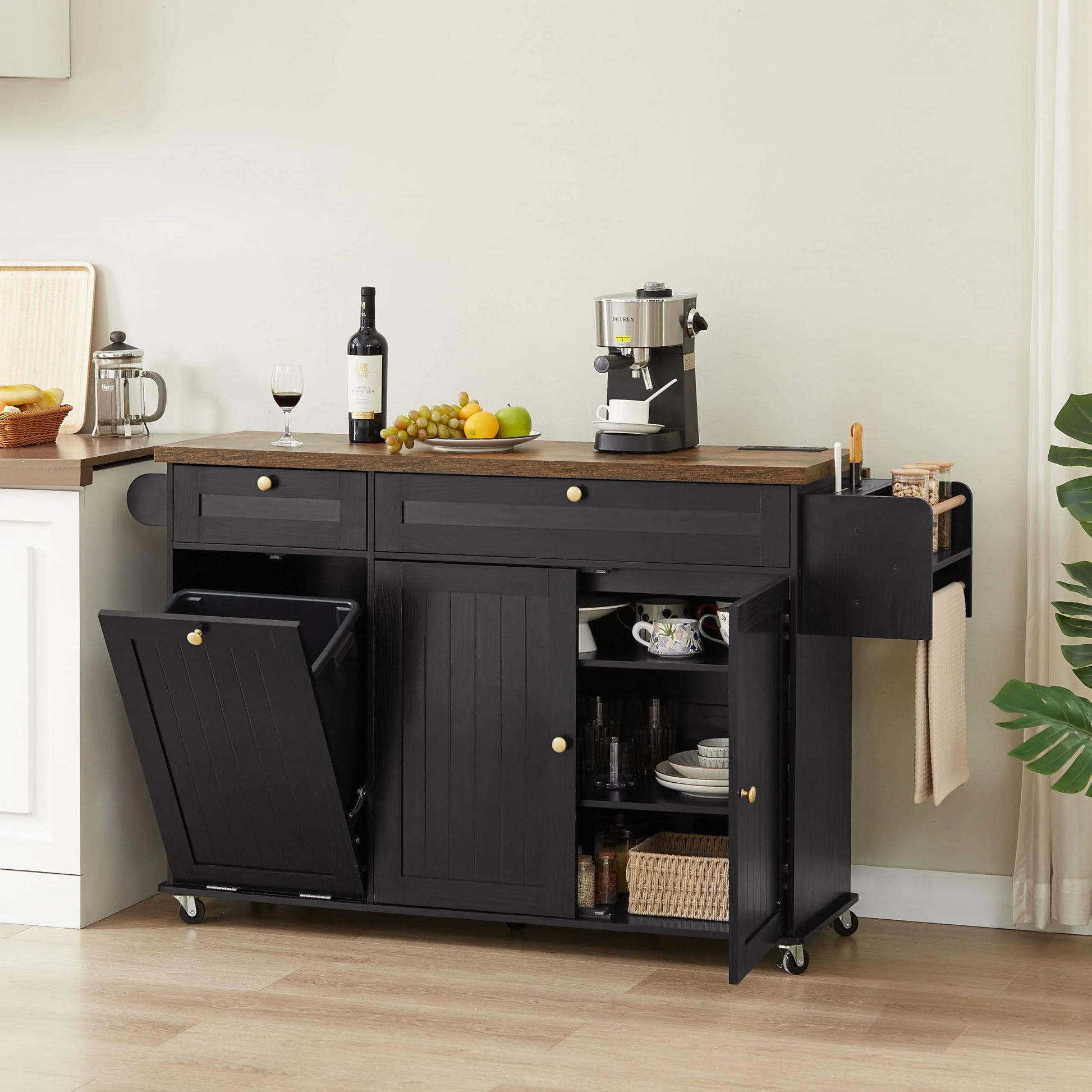 Onbrill Kitchen Island w/Outlet& Towel Rack, 60" Kitchen Storage Cart w/Foldable Countertop, Black
