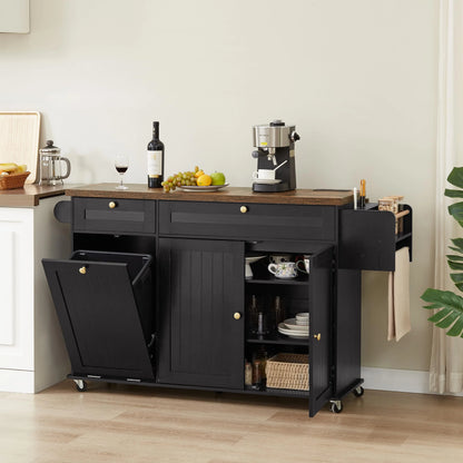 Onbrill Kitchen Island w/Outlet& Towel Rack, 60" Kitchen Storage Cart w/Foldable Countertop, Black