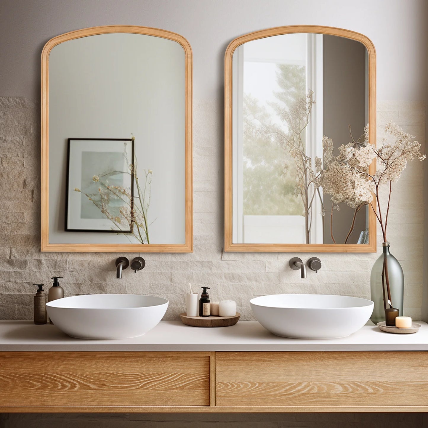 WallBeyond Wood Frame Rustic Arched Wall Mirror for Bathroom or Living Room Wall Decor, 24" 36", Natural Wood