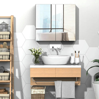 Barara King Bathroom Mirrored Cabinet, 24"x22" Steel Frame Medicine Cabinet, Wall-Mounted Storage Organizer with Double Doors, White
