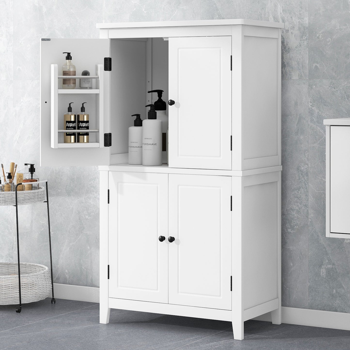Bellemave Bathroom Floor Storage Cabinet with 4 Doors and Adjustable Shelf Freestanding Cabinet Multifunctional Small Storage Organizer for Living Room 23.6°?x 11.8°?x 43.3°?(White, 4 Doors)