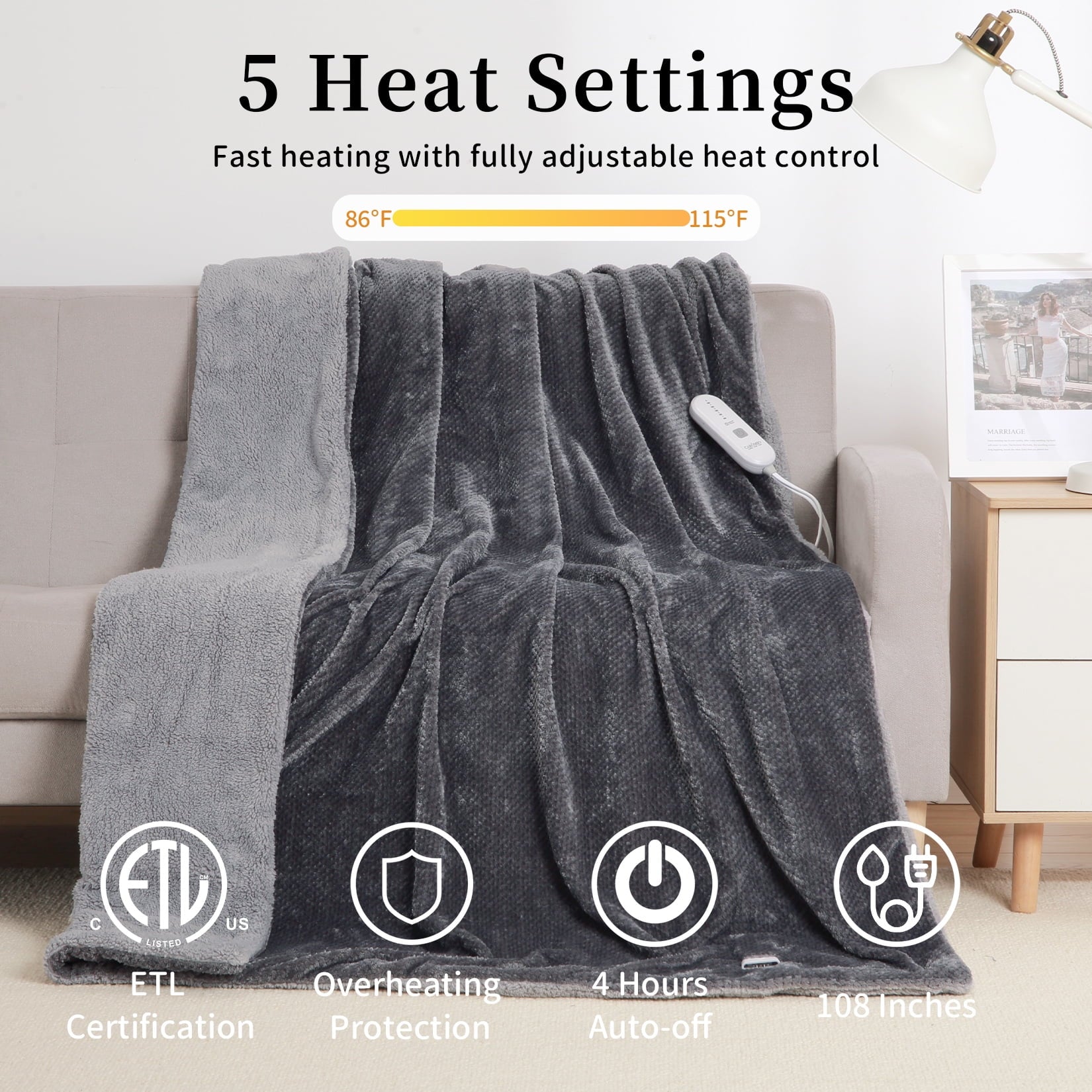 GAOMON Electric Heated Blanket King Size with Dual Control - Sherpa Throw Blanket with 4 Fast Heating Levels & 10 Hours Auto Off, Machine Washable, ETL Certified, Gray