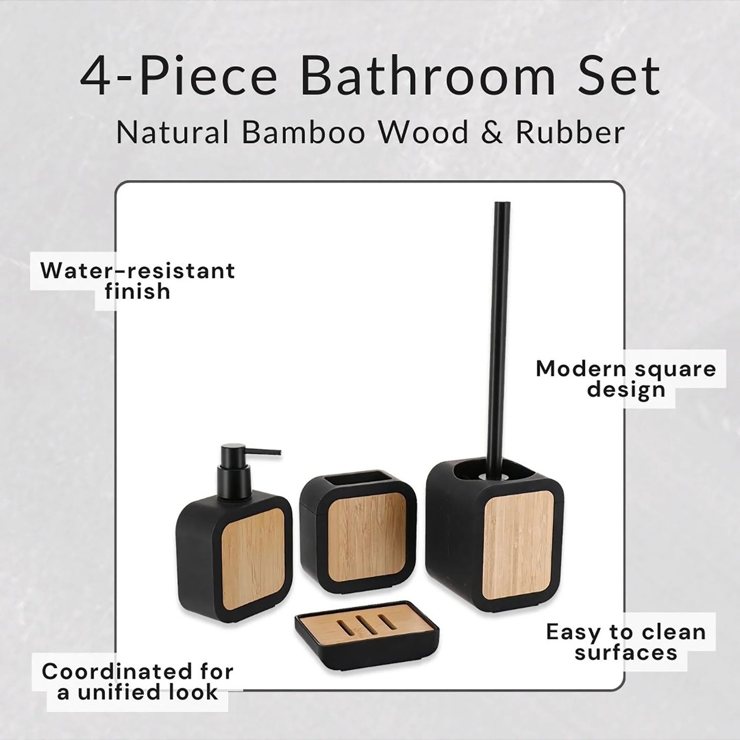 4-Piece Bathroom Accessory Set Gray Rubber and Acacia