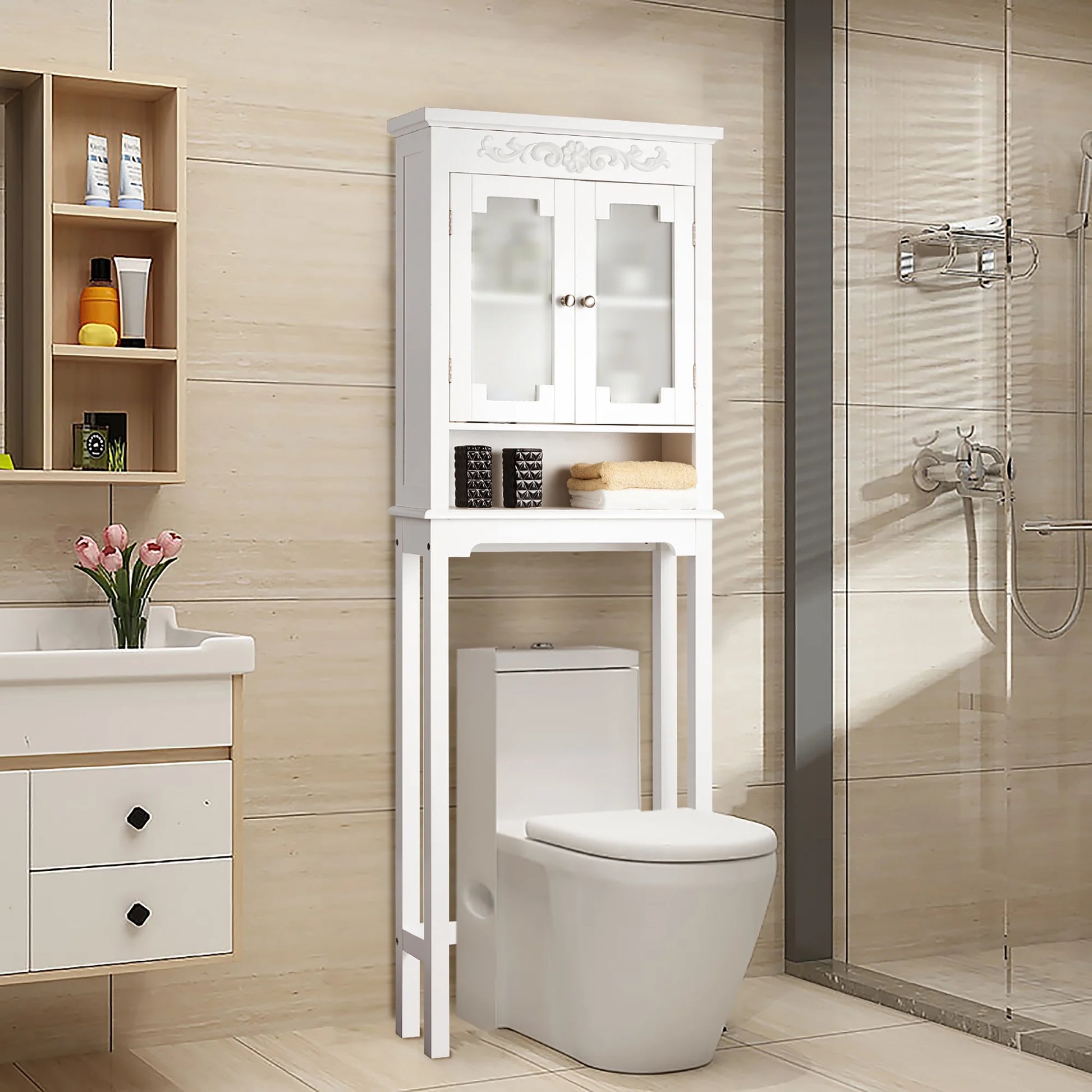 Costway Over The Toilet Bathroom Space Saver Carved Top Toilet Rack w/Adjustable Shelf