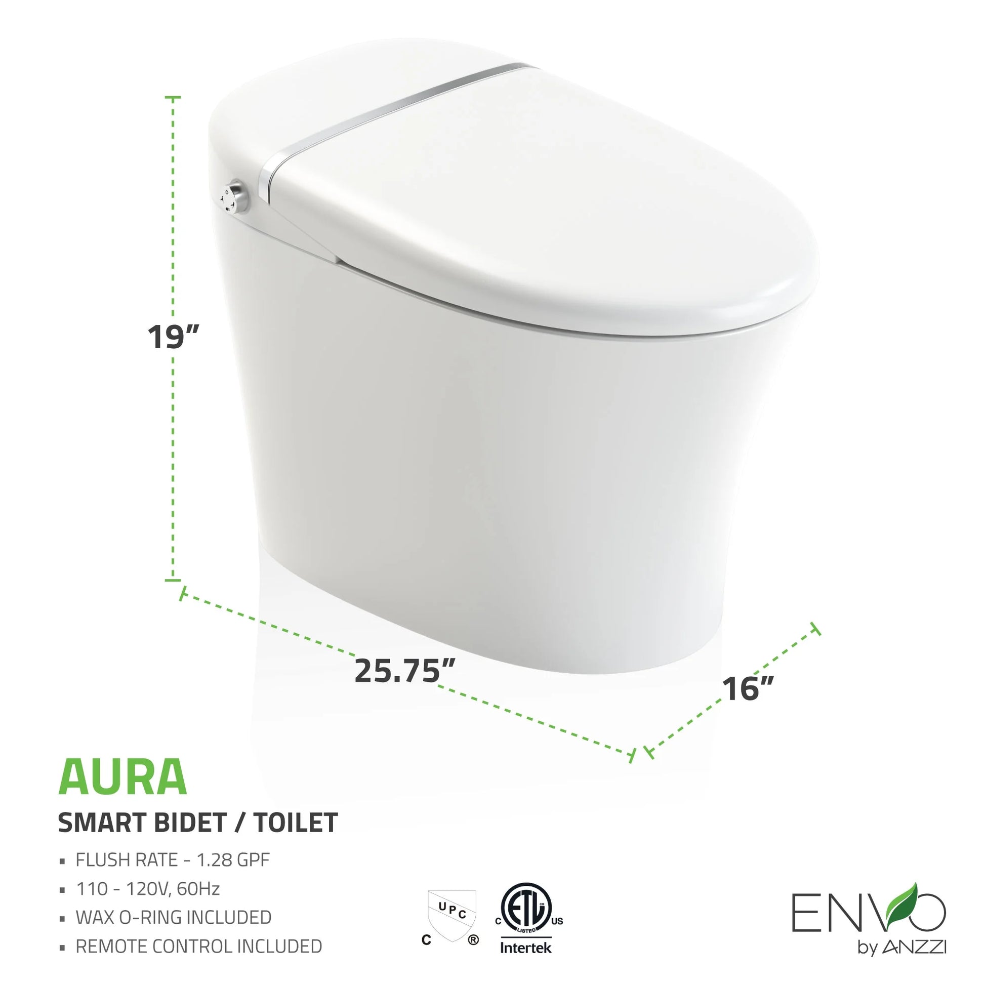 ENVO by ANZZI Aura Smart Toilet Bidet with Remote & Auto Flush - White