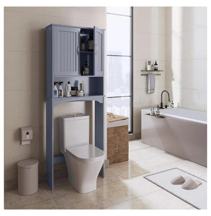 Over The Toilet Storage, Bathroom Storage Organizer with 2 Doors and Adjustable Shelf, L24.5xW9xH66 Inches, Gray