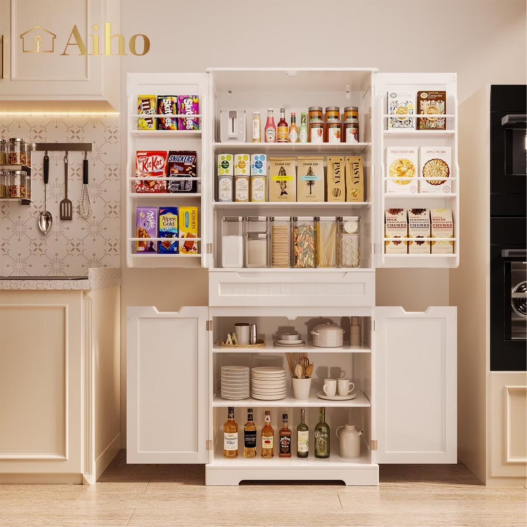Aiho 64" Tall Kitchen Pantry, Farmhouse Storage Cabinet, Organizer, Drawer and Adjustable Shelves for Kitchen, Dining Room, Bathroom - White