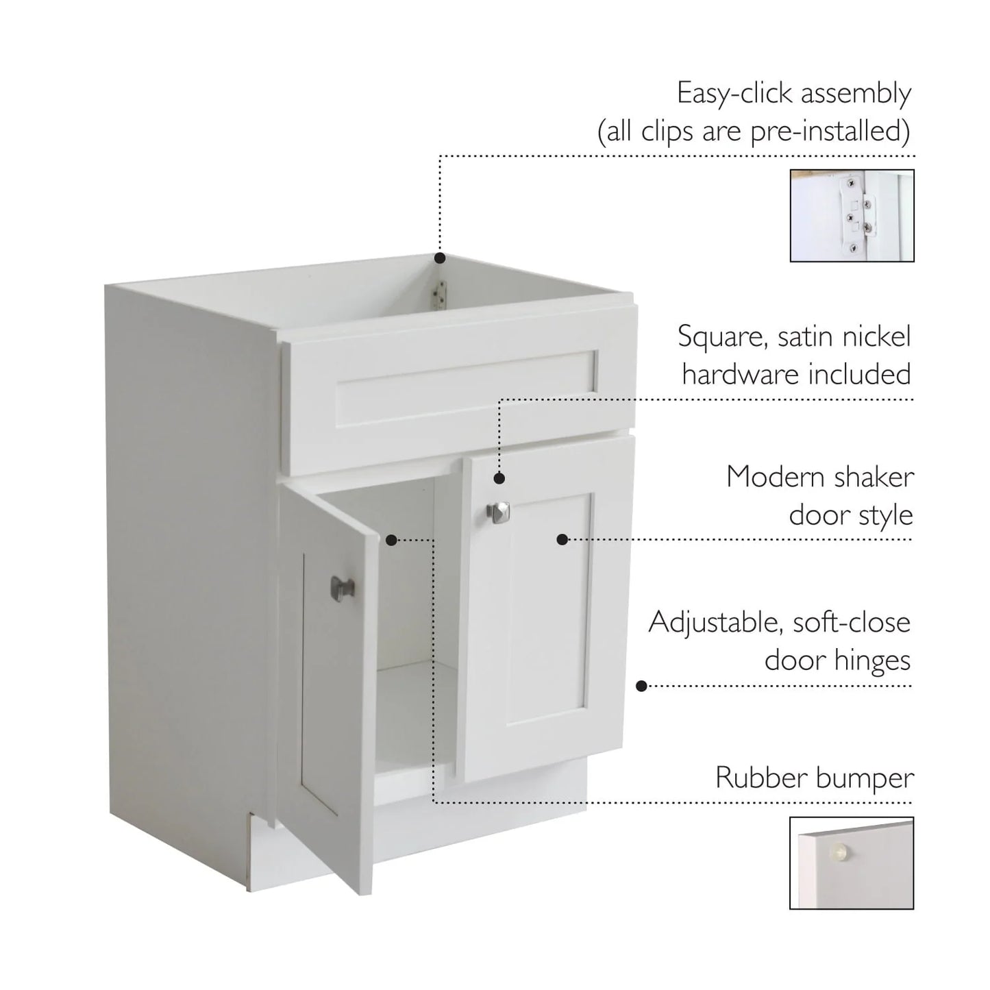 Design House 586925 Brookings 24x18 Unassembled Modern 2-Door Shaker Bathroom Vanity Cabinet Only, White