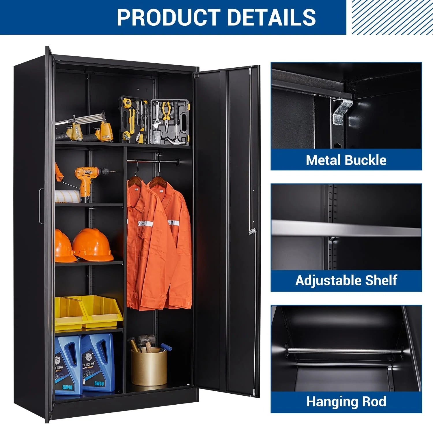 STANI Metal Locker Storage Cabinet, Employees Locker with Hanging Rod Bar, 71° F Black Tall Steel Wardrobe for Home, School, Office (Assembly Required)