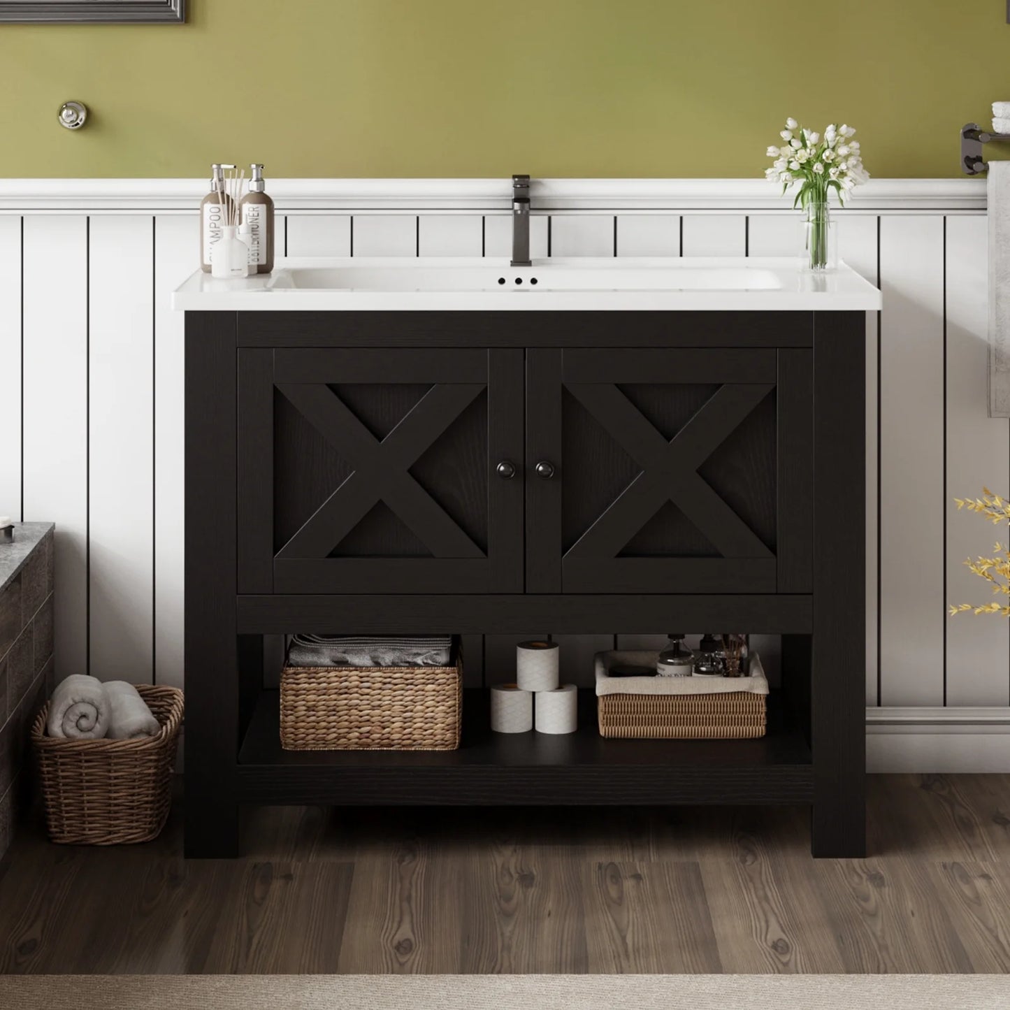 DreamCurship Bathroom Vanity with Sink Combo, 35'' Bathroom Storage Cabinet with Storage, Farmhouse Bathroom Vanity Cabinet with 2 Doors and Open Shelf, White