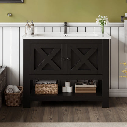 DreamCurship Bathroom Vanity with Sink Combo, 35'' Bathroom Storage Cabinet with Storage, Farmhouse Bathroom Vanity Cabinet with 2 Doors and Open Shelf, White