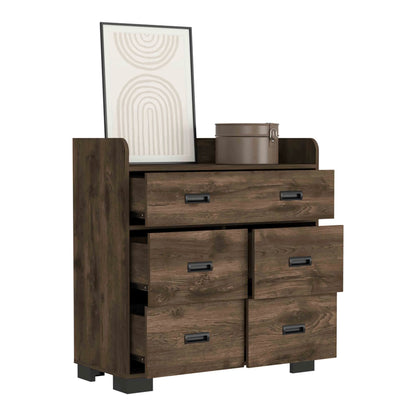 DUOSONG Alyn Dresser, Four Legs, Four Drawers, One Double Drawer, Superior Top -Dark Brown Brown Particle Board Furniture Bedroom Furniture Dressers, Chests & Wardrobes