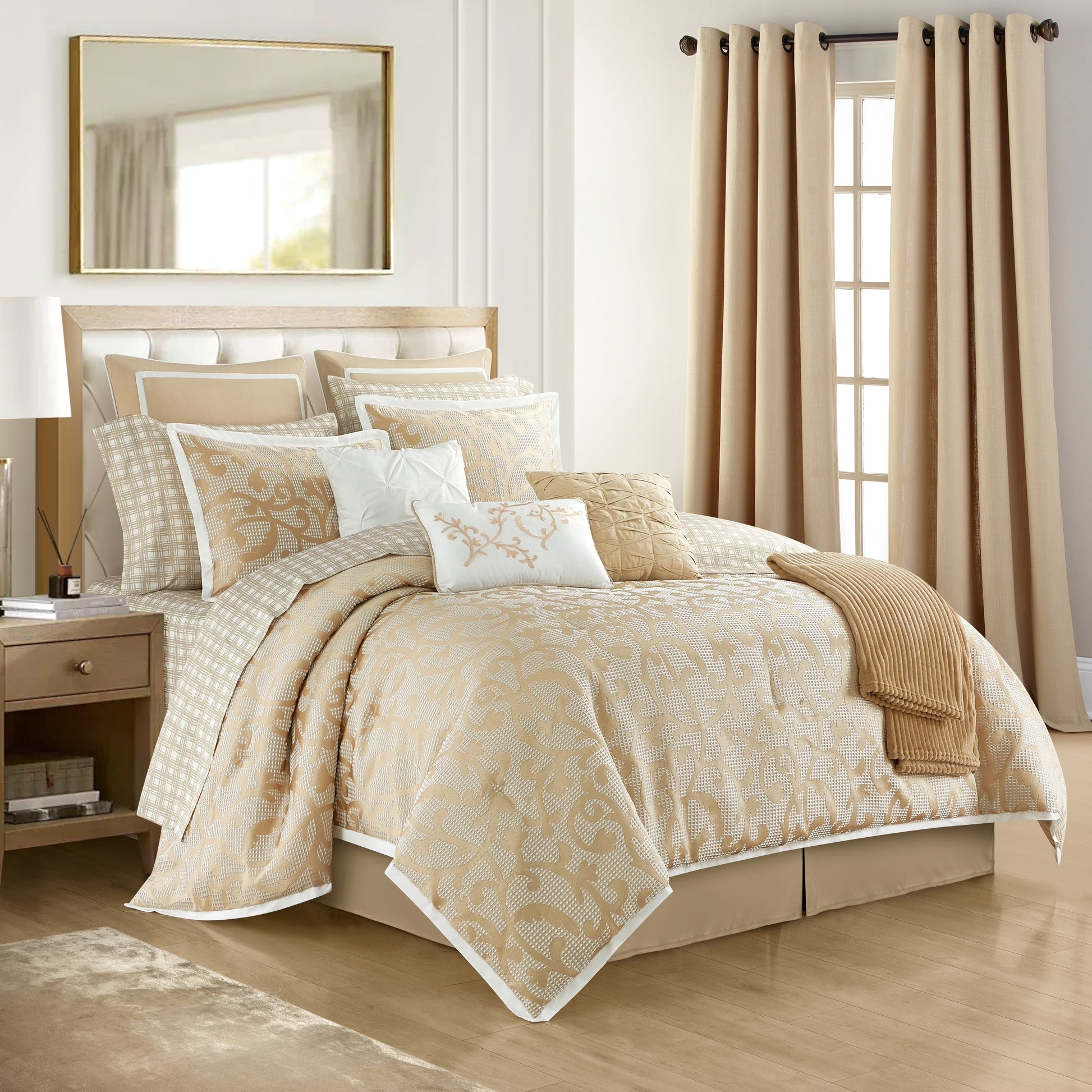 Lanco Smoke Grey Comforter Set California King Size, 9 Piece Jacquard Floral Bedding Set, All Season, Ultra-Soft, Matching Pillows & Shams, Bed Skirt