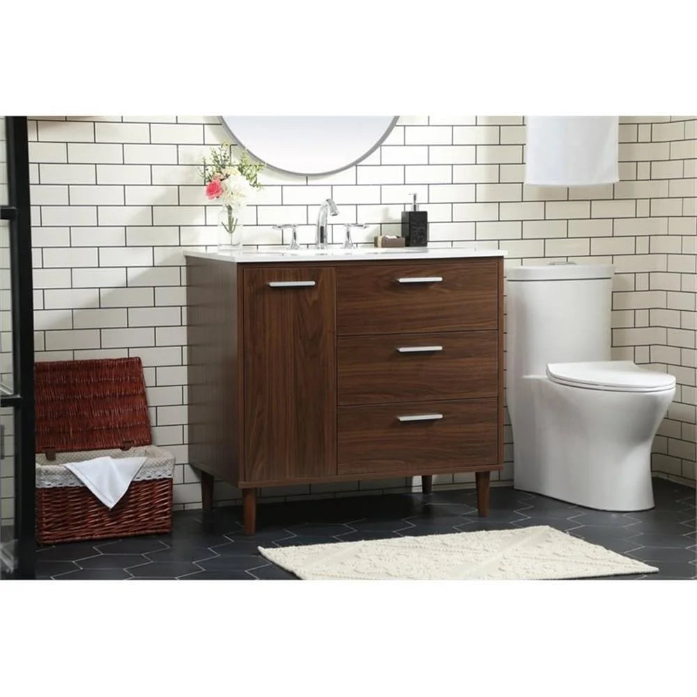 Elegant Decor Baldwin 36" Solid Wood and MDF Bathroom Vanity in Walnut