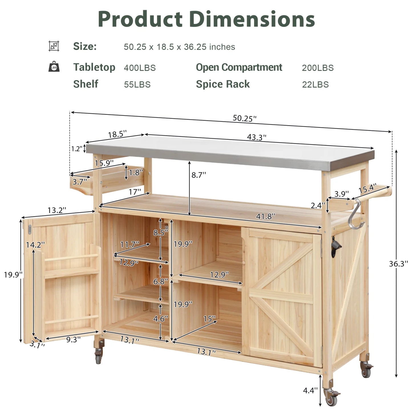 Outdoor Kitchen Island with Rolling Bar Cart and Storage Cabinet, Farmhouse Solid Wood Outdoor Grill Table with Stainless Steel Top, Spice Rack and Towel Rack for Kitchen & BBQ, Natural